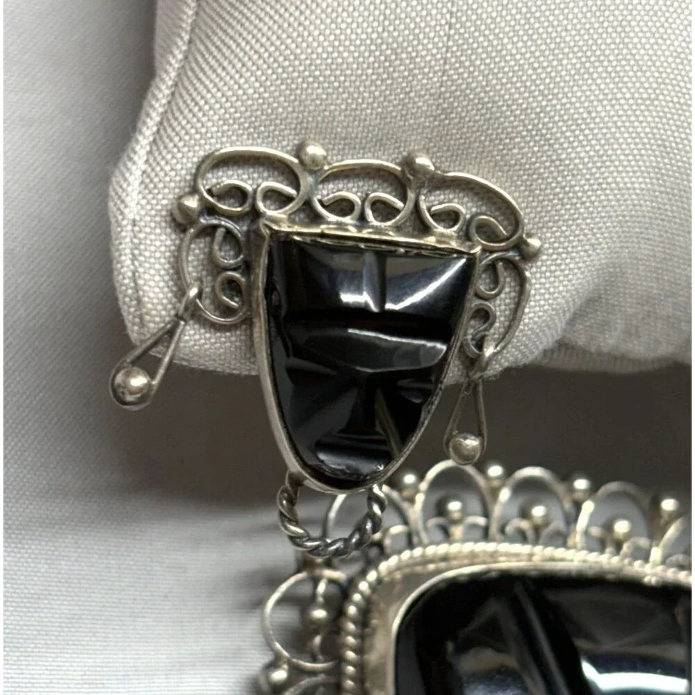 Vintage Mexico Sterling Silver Black Onyx Carved Mask Brooch and Earring Set MCM